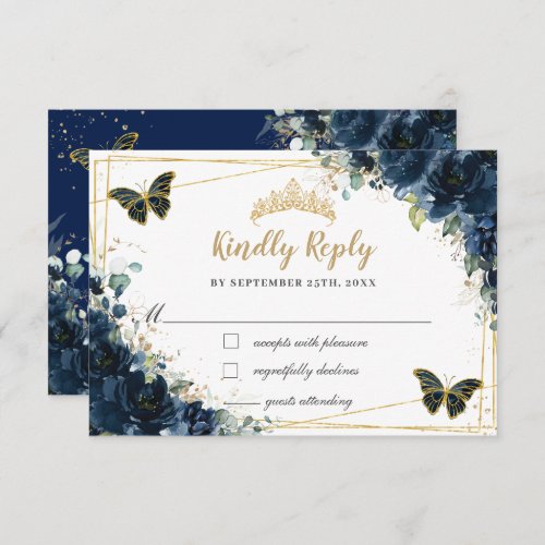 Navy Blue Floral Gold Butterfly Quinceaera Reply RSVP Card