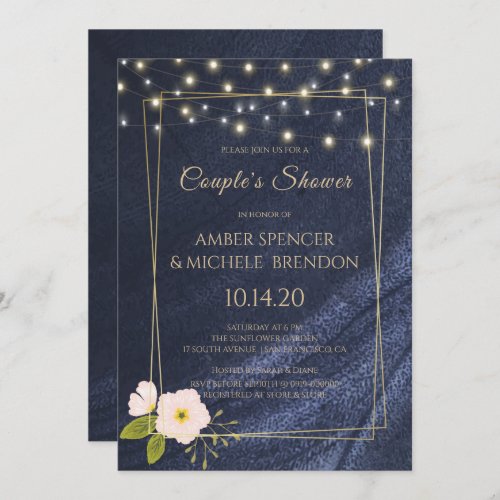 Navy Blue Floral Gold Frame Couples Shower Invitation