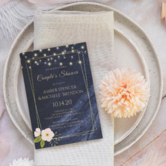 Navy Blue Floral Gold Frame Couple's Shower Invitation