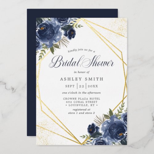 Navy Blue Floral Gold Geometric Bridal Shower Foil Invitation