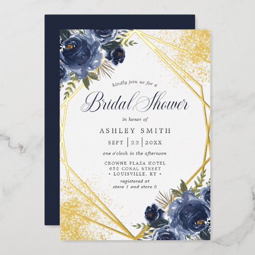 Bridal Shower Invitations 16 Navy Blue Floral Gold Geometric Bridal Shower Foil Invitation