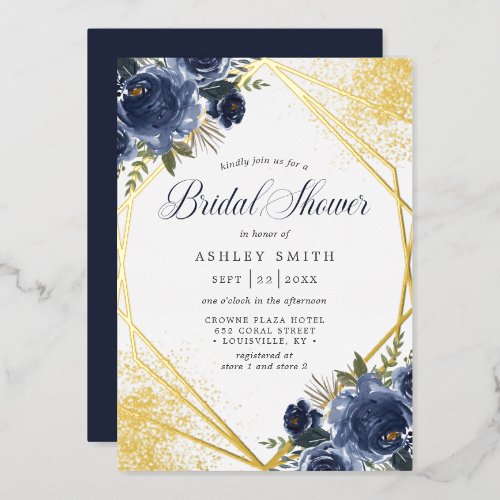 Navy Blue Floral Gold Geometric Bridal Shower Foil Invitation