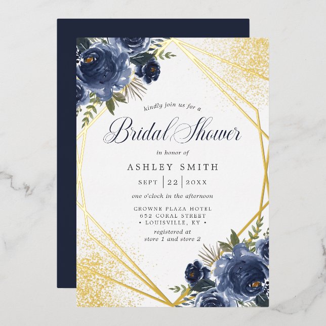 Navy Blue Floral Gold Geometric Bridal Shower Foil Invitation (Front/Back)