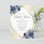 Navy Blue Floral Gold Geometric Bridal Shower Invitation (Standing Front)