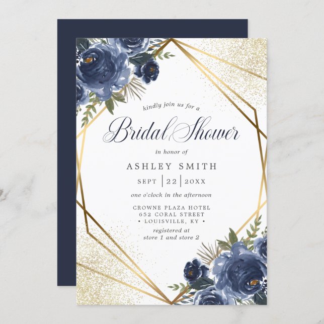 Navy Blue Floral Gold Geometric Bridal Shower Invitation (Front/Back)