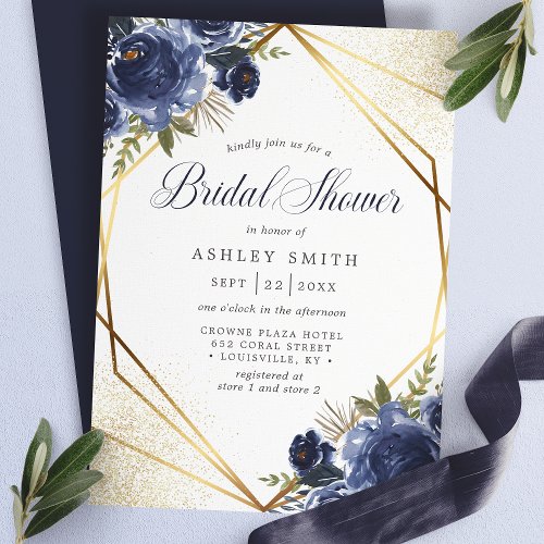 Navy Blue Floral Gold Geometric Bridal Shower Invitation