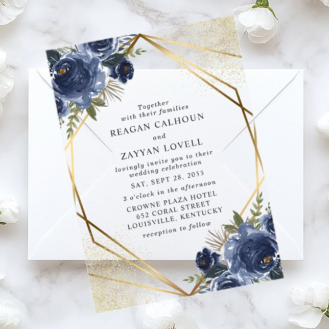 Navy Blue Floral Gold Geometric Modern Wedding Acrylic Invitations (Creator Uploaded)