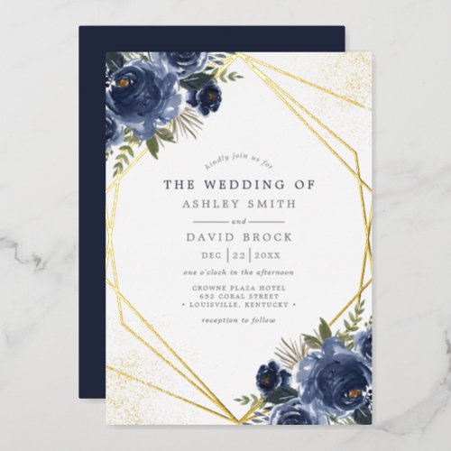 Navy Blue Floral Gold Geometric Modern Wedding Foil Invitation
