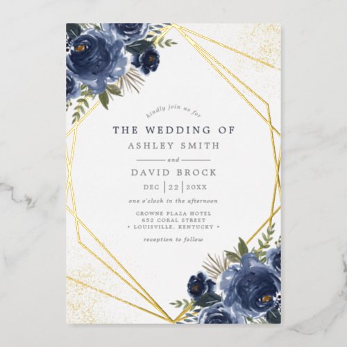 Navy Blue Floral Gold Geometric Modern Wedding Foil Invitation
