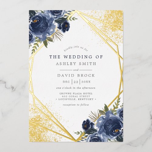 Navy Blue Floral Gold Geometric Modern Wedding Foil Invitation