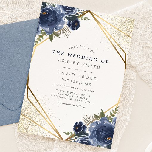 Navy Blue Floral Gold Geometric Modern Wedding Invitation | Zazzle