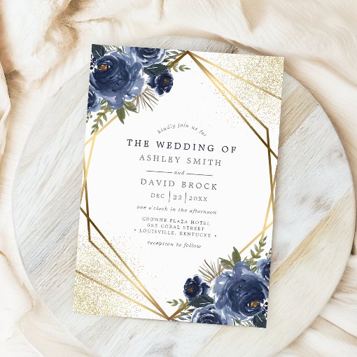 Navy Blue Floral Gold Geometric Modern Wedding Invitation | Zazzle