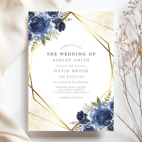Navy Blue Floral Gold Geometric Modern Wedding Invitation