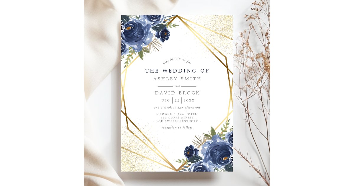 Navy Blue Floral Gold Geometric Modern Wedding Invitation | Zazzle
