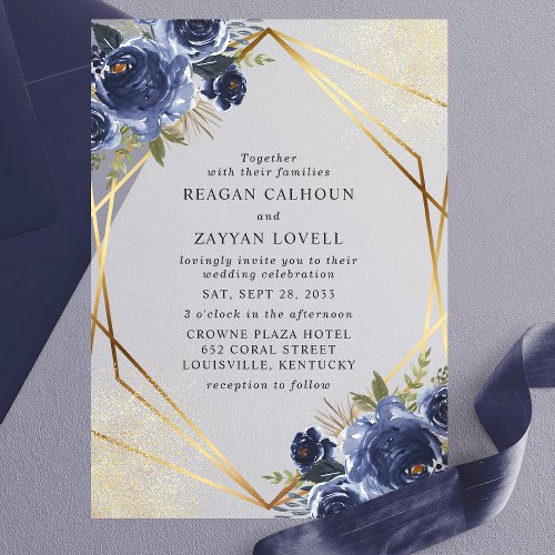 Navy Blue Floral Gold Geometric Modern Wedding Vellum Invitations