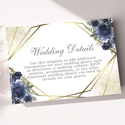 Navy Blue Floral Gold Geometric Wedding Details  Enclosure Card