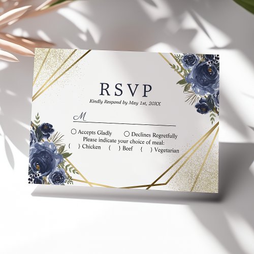 Navy Blue Floral Gold Geometric Wedding RSVP Card
