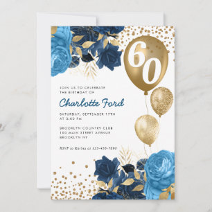 Navy Blue Floral Gold Glitter Balloons Birthday Invitation