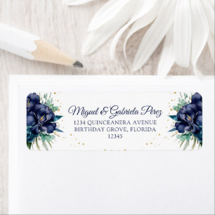 Navy Blue Floral Gold Glitter Return Address Label