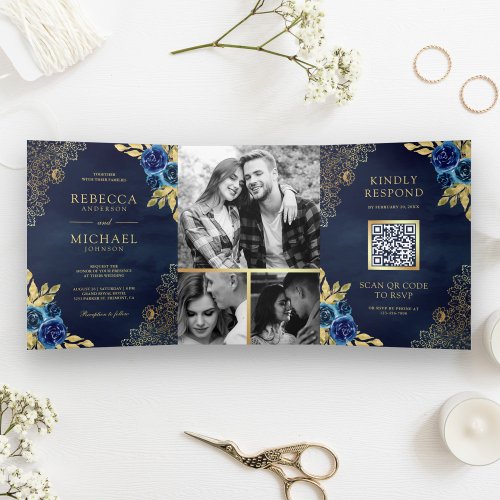 Navy Blue Floral Gold Lace QR Code Wedding Tri_Fold Invitation