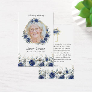 Navy Blue Floral Gold Photo Sympathy Prayer Cards