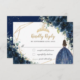 Navy Blue Floral Gold Princess Quinceañera Reply RSVP Card