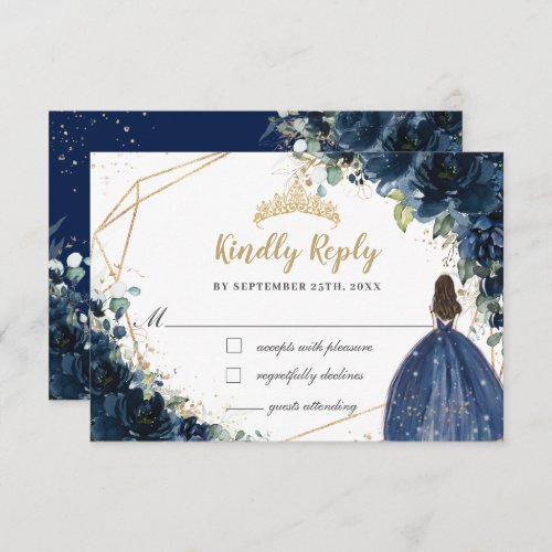 Navy Blue Floral Gold Princess Quinceaera Reply RSVP Card