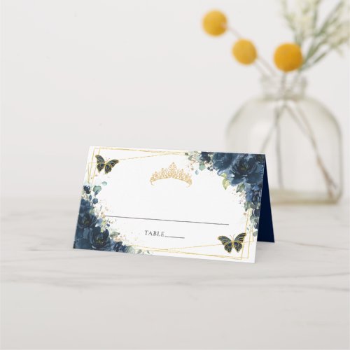 Navy Blue Floral Gold Quinceaera 16th Birthday Place Card