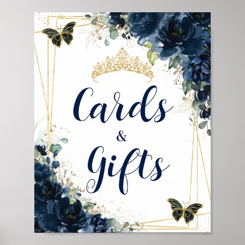 Navy Blue Floral Gold Quinceaera Cards and Gifts  Poster