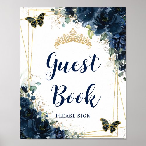 Navy Blue Floral Gold Quinceaera Guest Book Sign