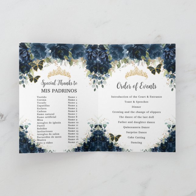 Navy Blue Floral Gold Quinceañera Order of Events Program (Inside)