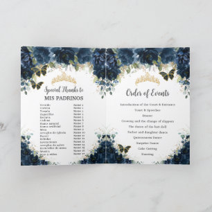 Navy Blue Floral Gold Quinceañera Order of Events Program