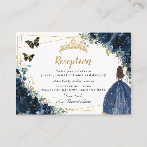 Navy Blue Floral Gold Quinceaera Reception Enclosure Card