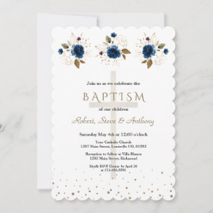 Navy Blue Floral Gold Triplets Boys Baptism Invitation