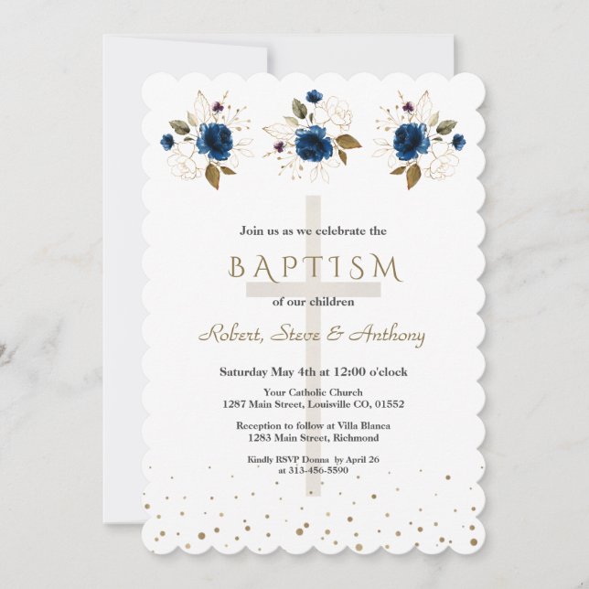 Navy Blue Floral Gold Triplets Boys Baptism   Invitation (Front)