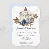 Navy Blue Floral Gold White Pumpkin Baby Shower Invitation