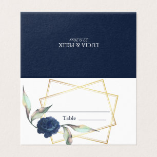 Navy Blue Floral Golden Frame Wedding Place Cards