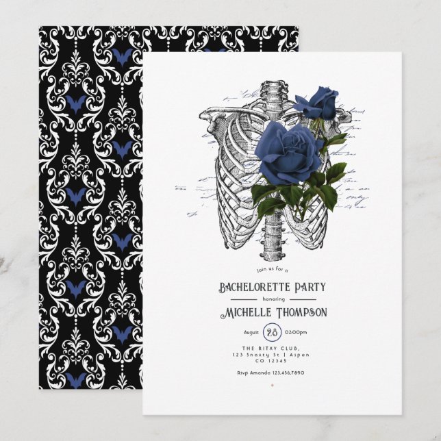 Navy Blue Floral Gothic Bachelorette Party Invitation (Front/Back)