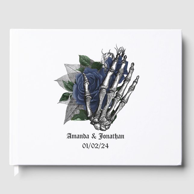Navy Blue Floral Gothic Wedding Guest Book (Front)