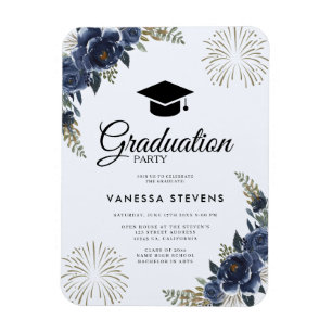 Navy Blue Floral Graduation  Cap Party  Magnet
