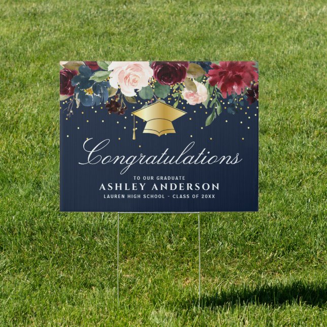 navy blue floral graduation yard sign (Insitu)