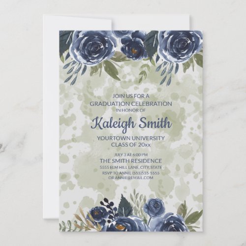 Navy Blue Floral Green Leaves Graduation Party Invitation