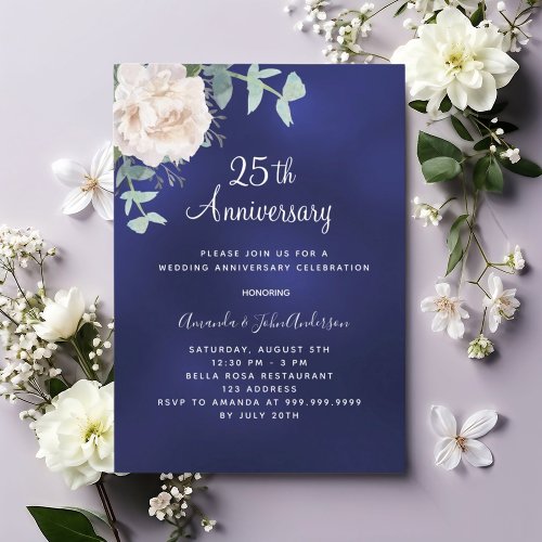 Navy blue floral greenery 25th wedding anniversary invitation