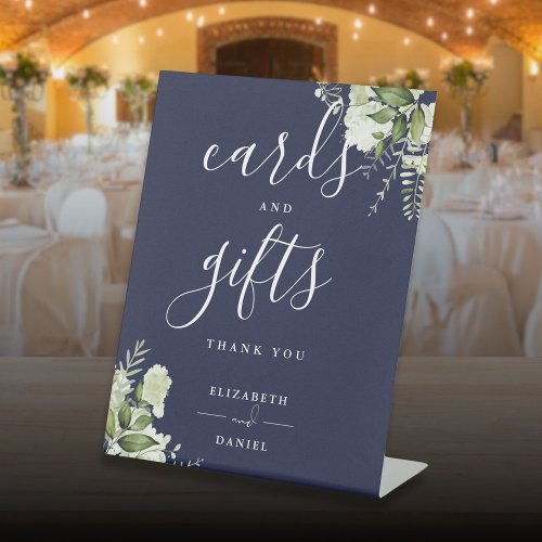 Navy Blue Floral Greenery Cards And Gifts Pedestal Sign