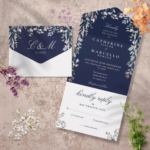 Navy Blue Floral Greenery Cascade Wedding All In One Invitation