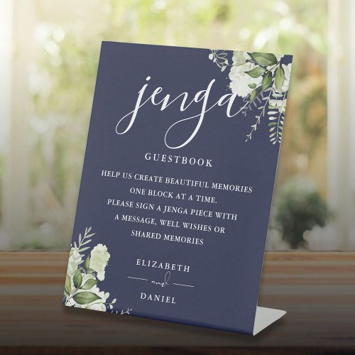 Navy Blue Floral Greenery Jenga Wedding Guestbook Pedestal Sign