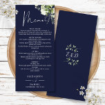 Navy Blue Floral Greenery Monogram Wedding Dinner Menu<br><div class="desc">This elegant navy blue floral botanical greenery leaves wedding menu can be personalized with your information in chic typography with your monogram initials on the reverse. Designed by Thisisnotme©</div>