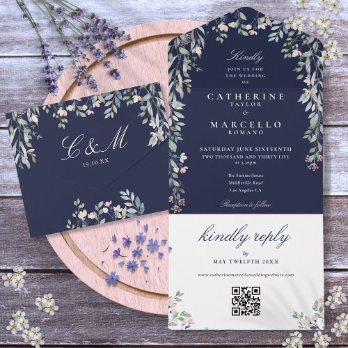 Navy Blue Floral Greenery QR Code Wedding All In One Invitation