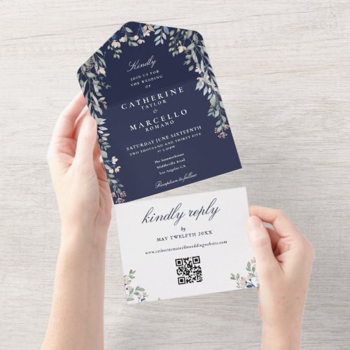 Navy Blue Floral Greenery QR Code Wedding All In One Invitation