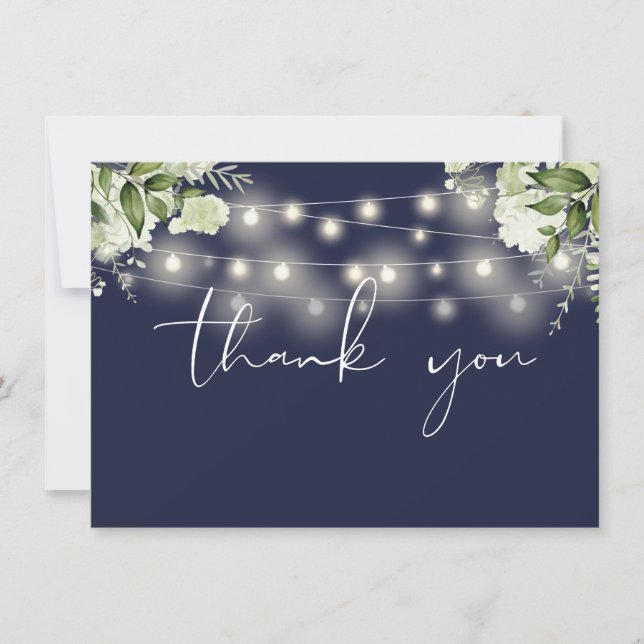 Navy Blue Floral Greenery String Lights Thank You Card (Front)